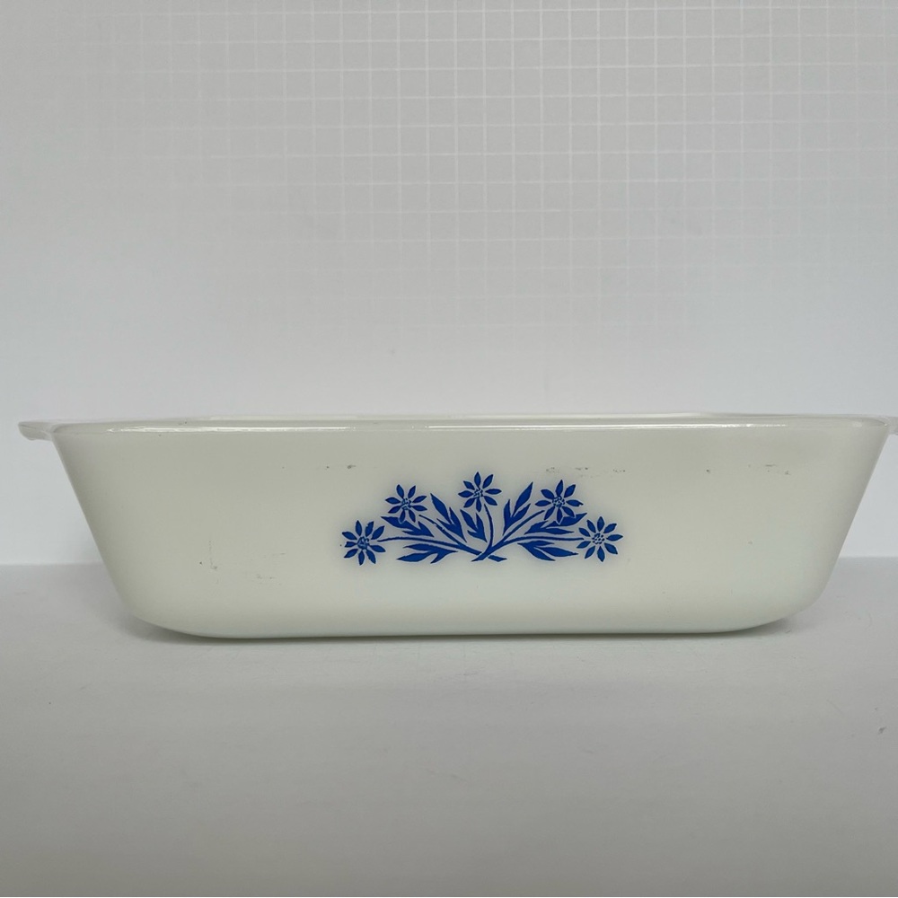 Vintage Blue Cornflower Milk Glass Loaf Dish Made